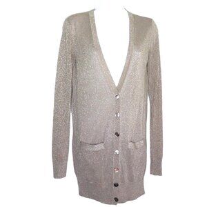 Ann Taylor Cardigan Sweater Champagne Gold Sparkle Pockets MOP Buttons EUC Sz XS